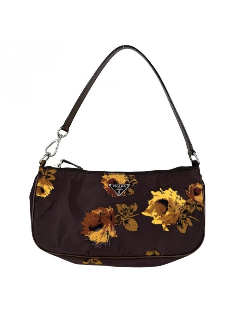 Prada Handbag Floral Flower One Shoulder Nylon Leather Brown Yellow Silver